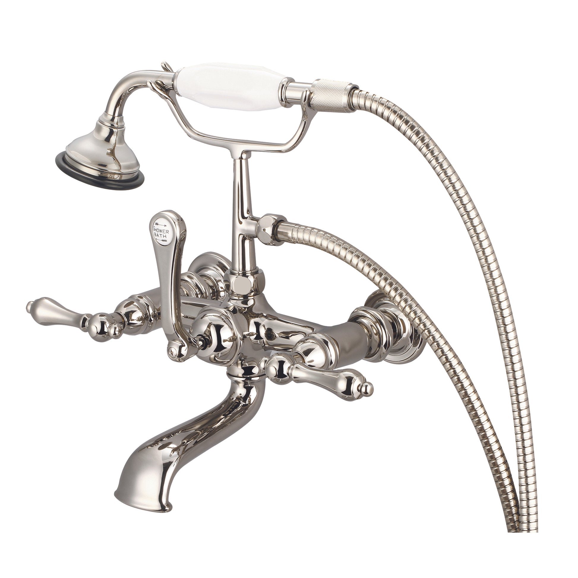 Vintage Classic 7" Spread Wall Mount Tub Faucet With Straight Wall Connector & Handheld Shower in Polished Nickel Finish, With Metal Lever Handles Without Labels