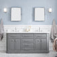 PALACE 72"W x 34"H Cashmere Gray Vanity with Carrara Quartz Countertop + Faucets & Mirror (F2-0012), Chrome Finish Hardware & Mirror