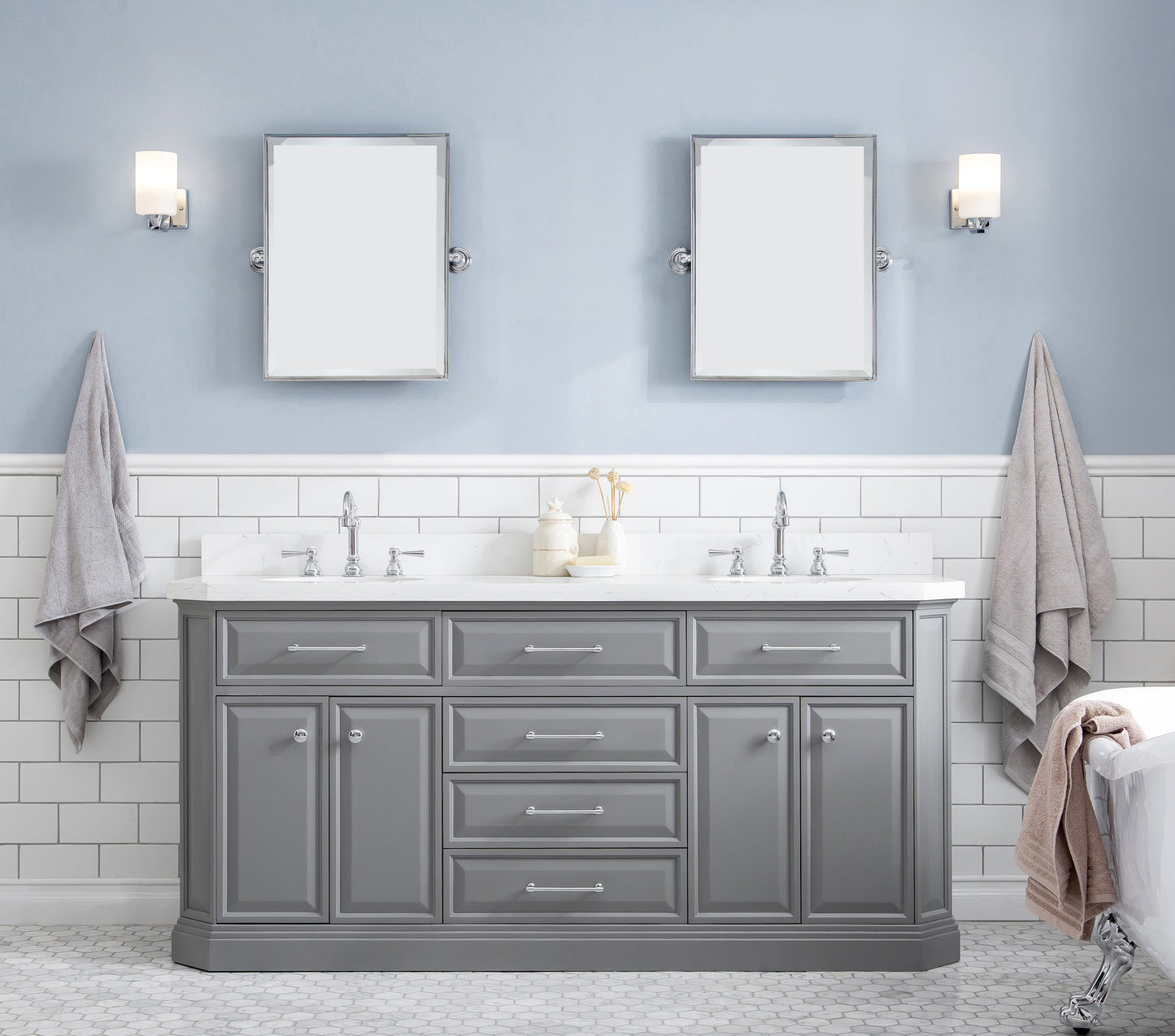 PALACE 72"W x 34"H Cashmere Gray Vanity with Carrara Quartz Countertop + Faucets & Mirror (F2-0012), Chrome Finish Hardware & Mirror