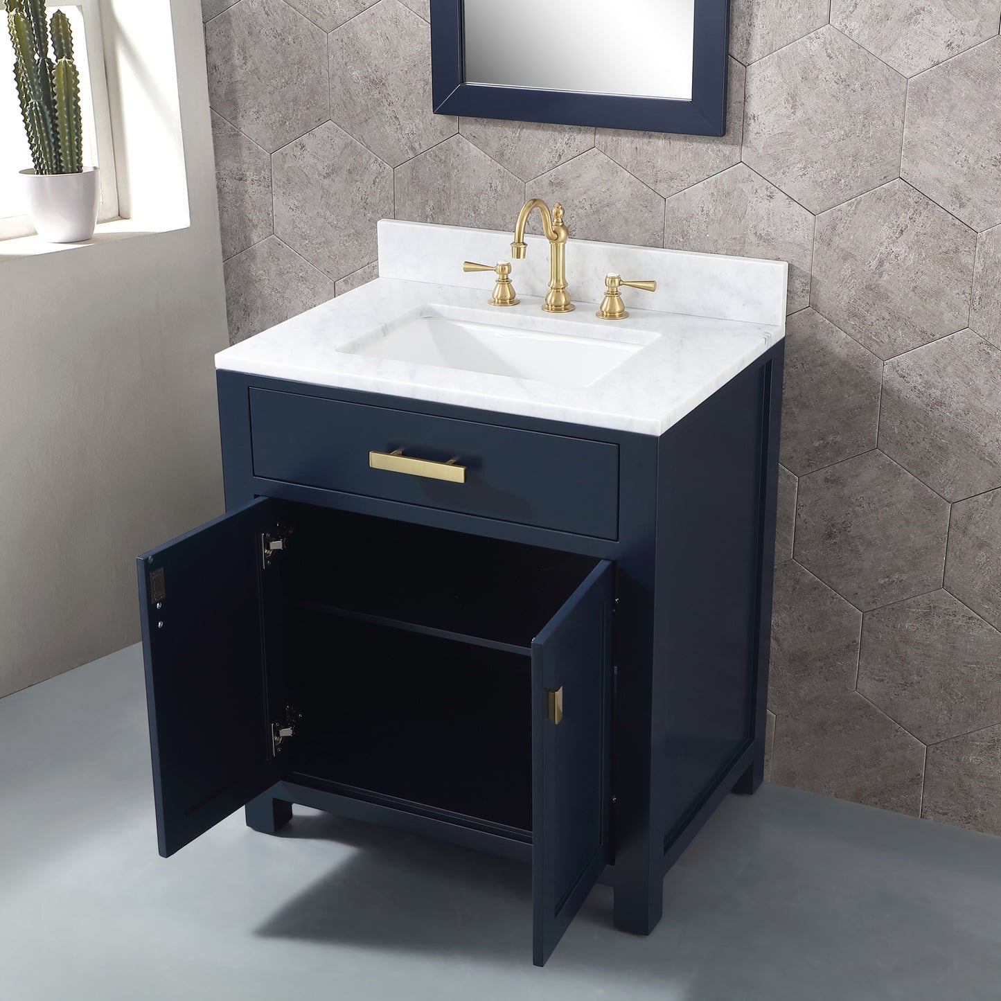 MADISON 30"W x 34"H Monarch Blue Single-Sink Vanity with Carrara White Marble Countertop + Faucets (F2-0012-06-TL)