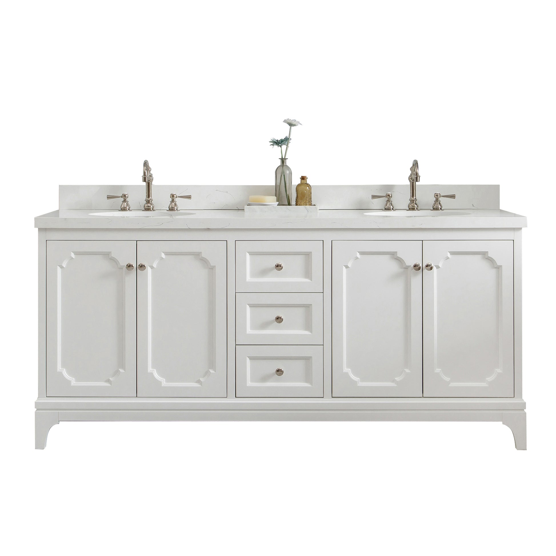 QUEEN 72"W x 34"H Pure White Double-Sink Vanity with Carrara Quartz Countertop + Faucets (F2-0012)