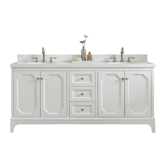 QUEEN 72"W x 34"H Pure White Double-Sink Vanity with Carrara Quartz Countertop + Faucets (F2-0012)