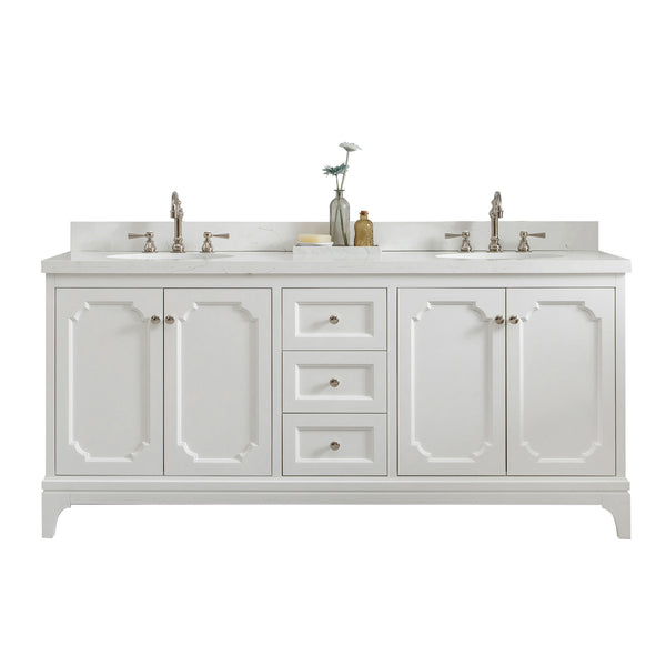 QUEEN 72W x 34H Pure White Double-Sink Vanity with Carrara Quartz Countertop + Faucets (F2-0012)