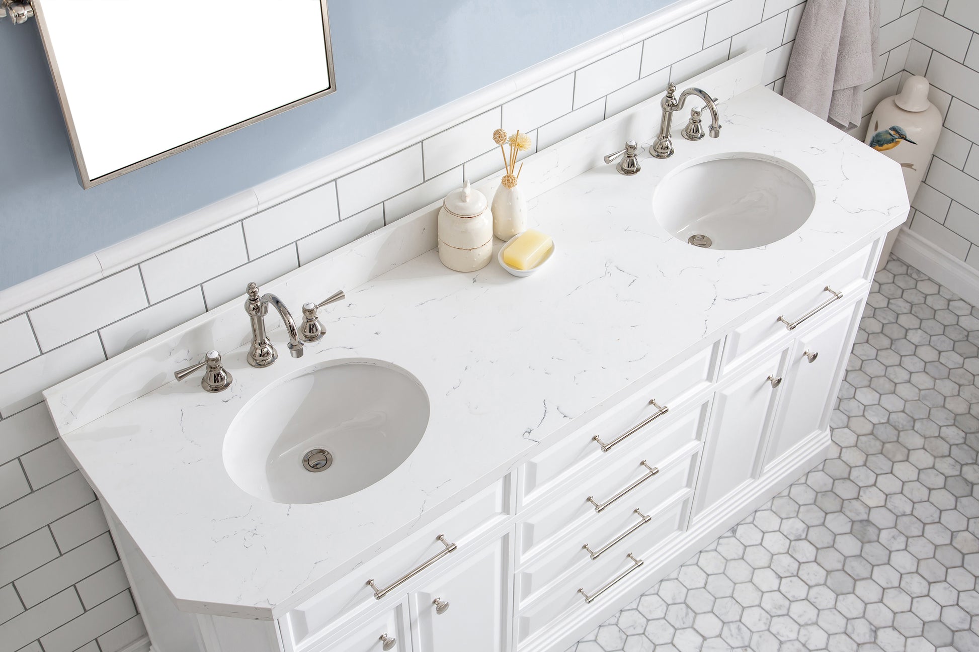 PALACE 72"W x 34"H Pure White Vanity with Carrara Quartz Countertop + Faucets (F2-0012), Polished Nickel Finish Hardware