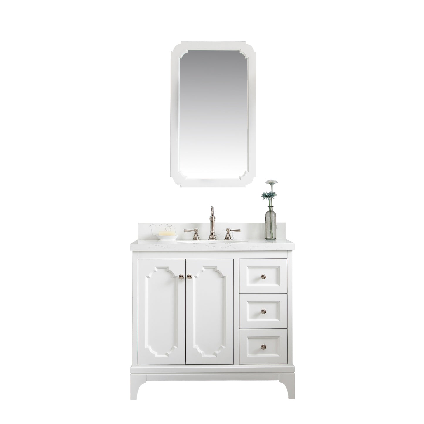 QUEEN 36"W x 34"H Pure White Single-Sink Vanity with Carrara Quartz Countertop + Faucets & Mirror (F2-0012)