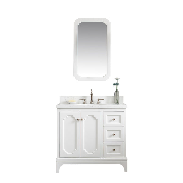 QUEEN 36W x 34H Pure White Single-Sink Vanity with Carrara Quartz Countertop + Faucets & Mirror (F2-0012)