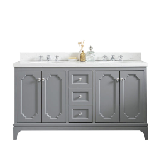 QUEEN 60"W x 34"H Cashmere Gray Double-Sink Vanity with Carrara Quartz Countertop