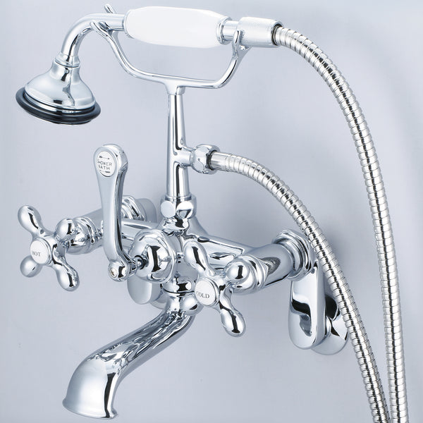 Vintage Classic Adjustable Center Wall Mount Tub Faucet With Swivel Wall Connector & Handheld Shower in Chrome Finish, With Metal Lever Handles, Hot And Cold Labels Included