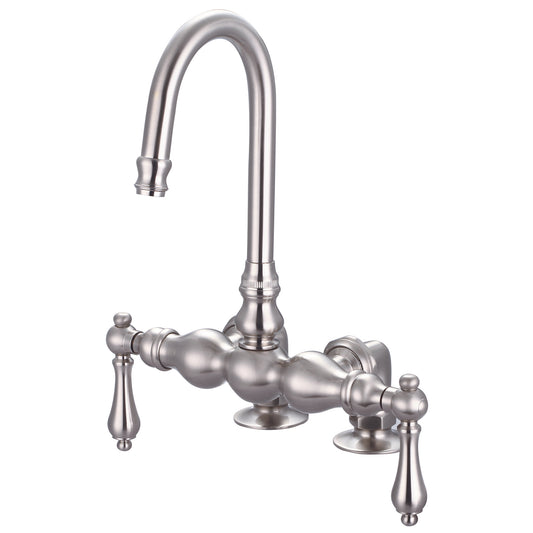 Vintage Classic 3.375" Center Deck Mount Tub Faucet With Gooseneck Spout & 2" Risers in Brushed Nickel Finish, With Metal Lever Handles Without Labels