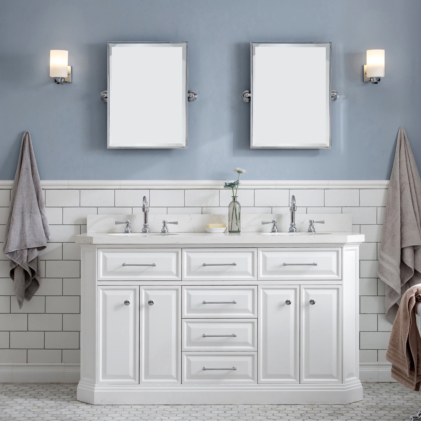 PALACE 60"W x 34"H Pure White Vanity with Carrara Quartz Countertop + Faucets (F2-0012), Chrome Finish Hardware