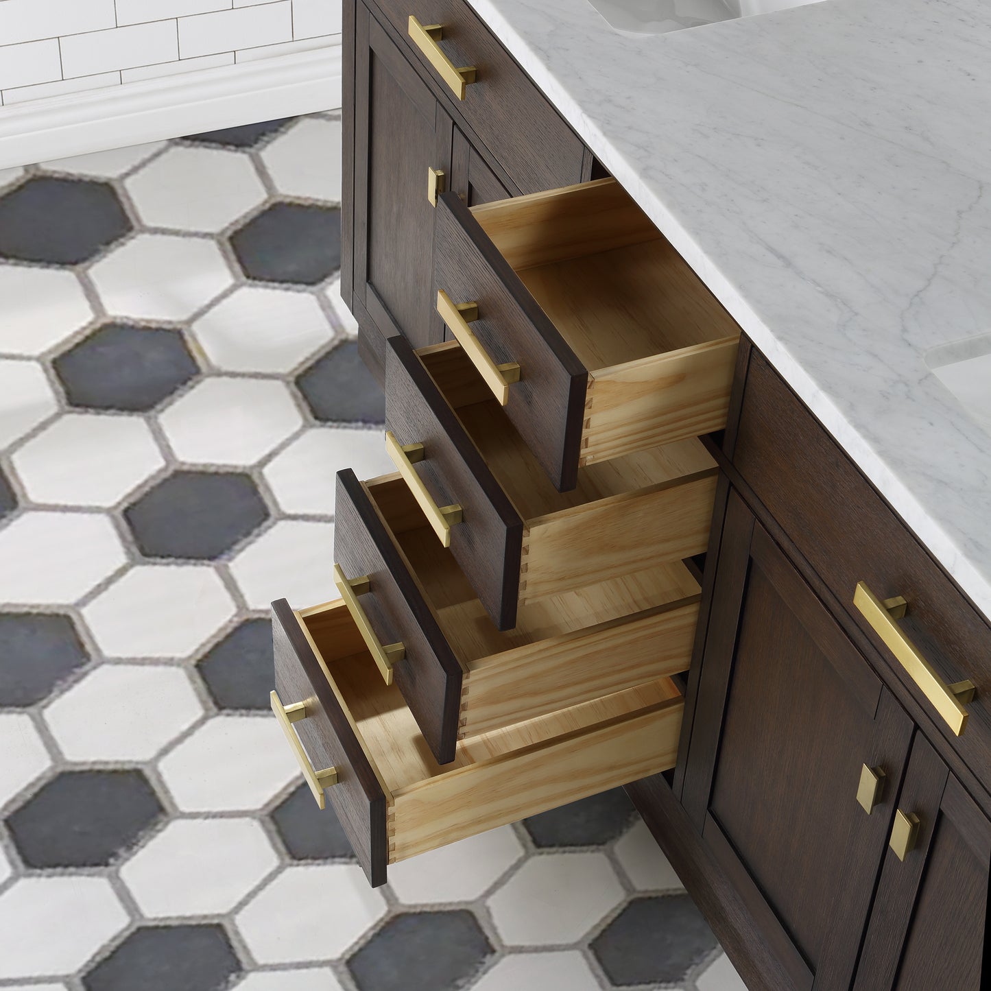 CHESTNUT 72"W x 34.2"H Brown Oak Double-Sink Vanity with Carrara White Marble Countertop + Mirrors