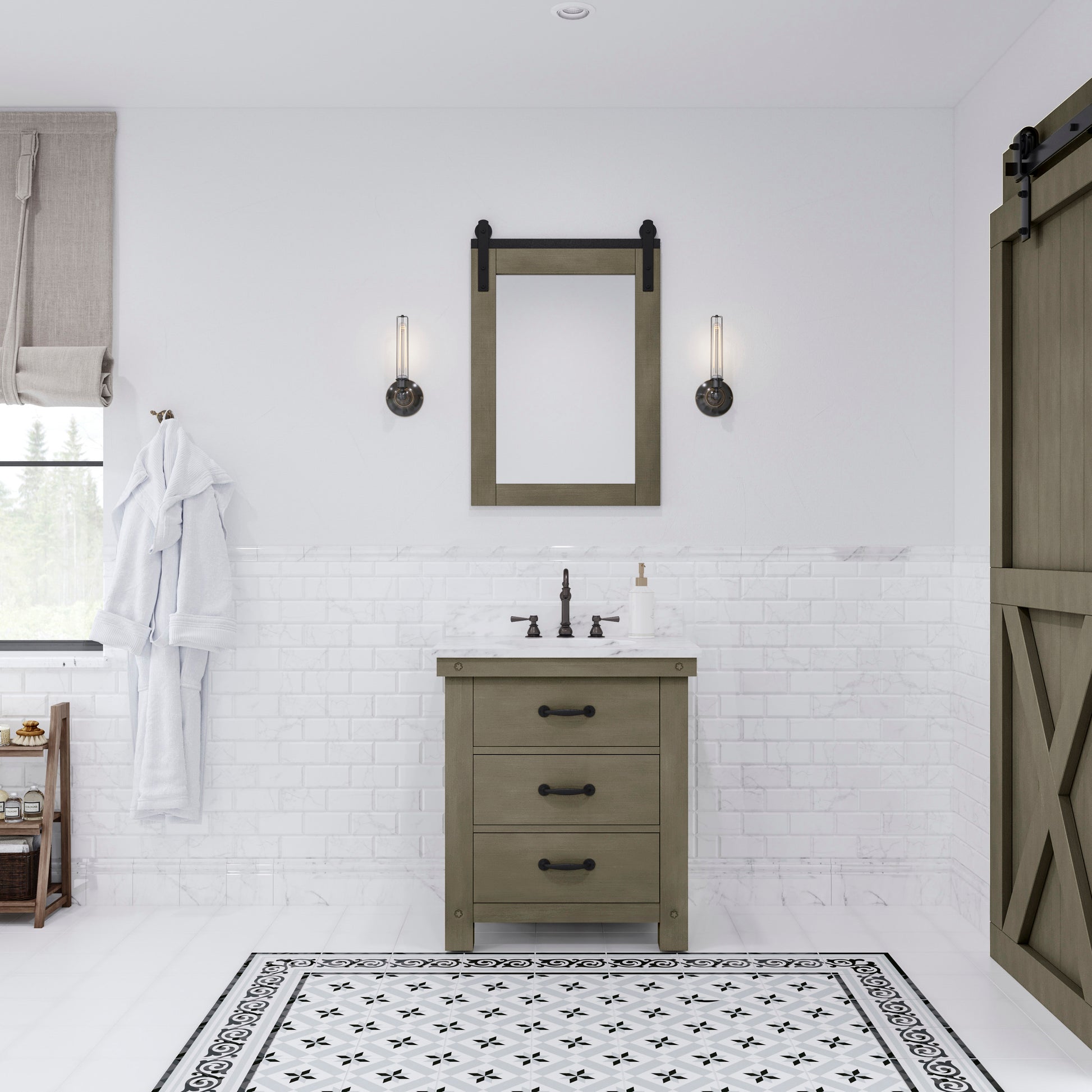 ABERDEEN 30"W x 34"H Grizzle Gray Single-Sink Vanity with Carrara White Marble Countertop + Hook Faucet and Mirror