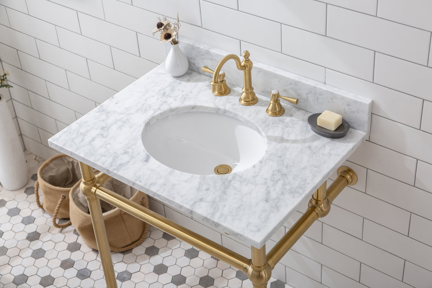 EMBASSY 30"W x 34"H  Single Washstand , P-Trap, Countertop with Sink, F2-0012 Faucet and Mirror included, in Satin Gold Finish