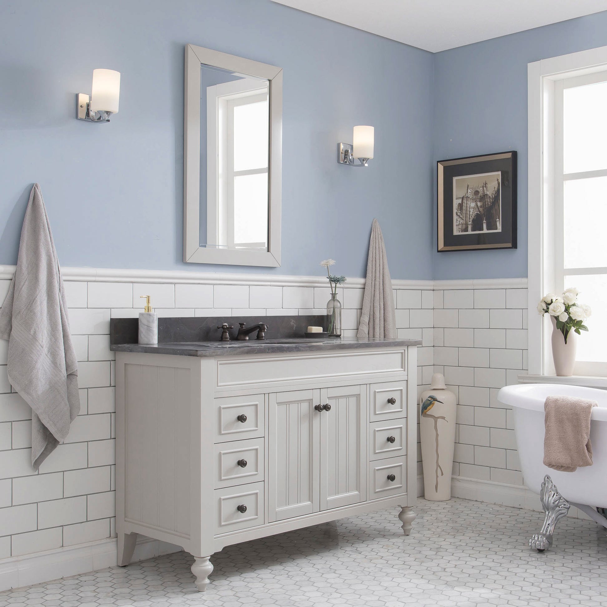 POTENZA 48"W x 34"H Earl Gray Vanity with Blue Limestone Countertop + Faucets A