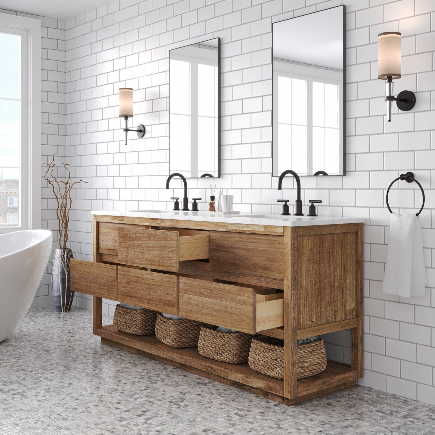 OAKMAN 72"W x 34.3"H Mango Wood Double-Sink Vanity with Carrara White Marble Countertop + Oil-Rubbed Bronze Faucet