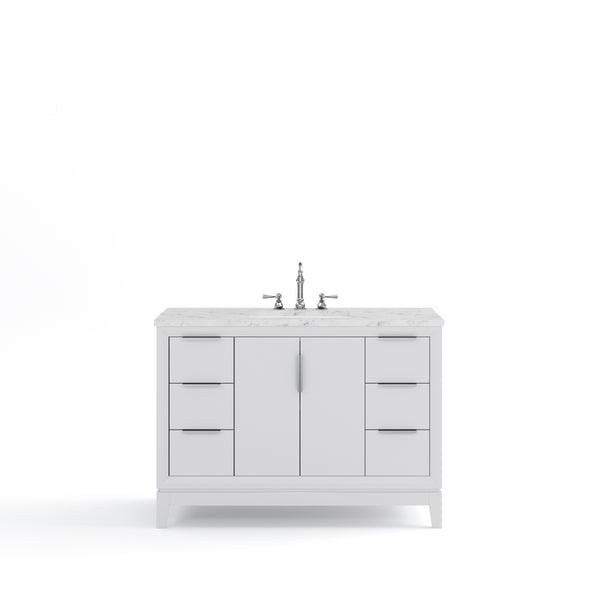 ELIZABETH 48W x 34.25H Pure White Single-Sink Vanity with Carrara White Marble Countertop + Faucets (F2-0012-01-TL)