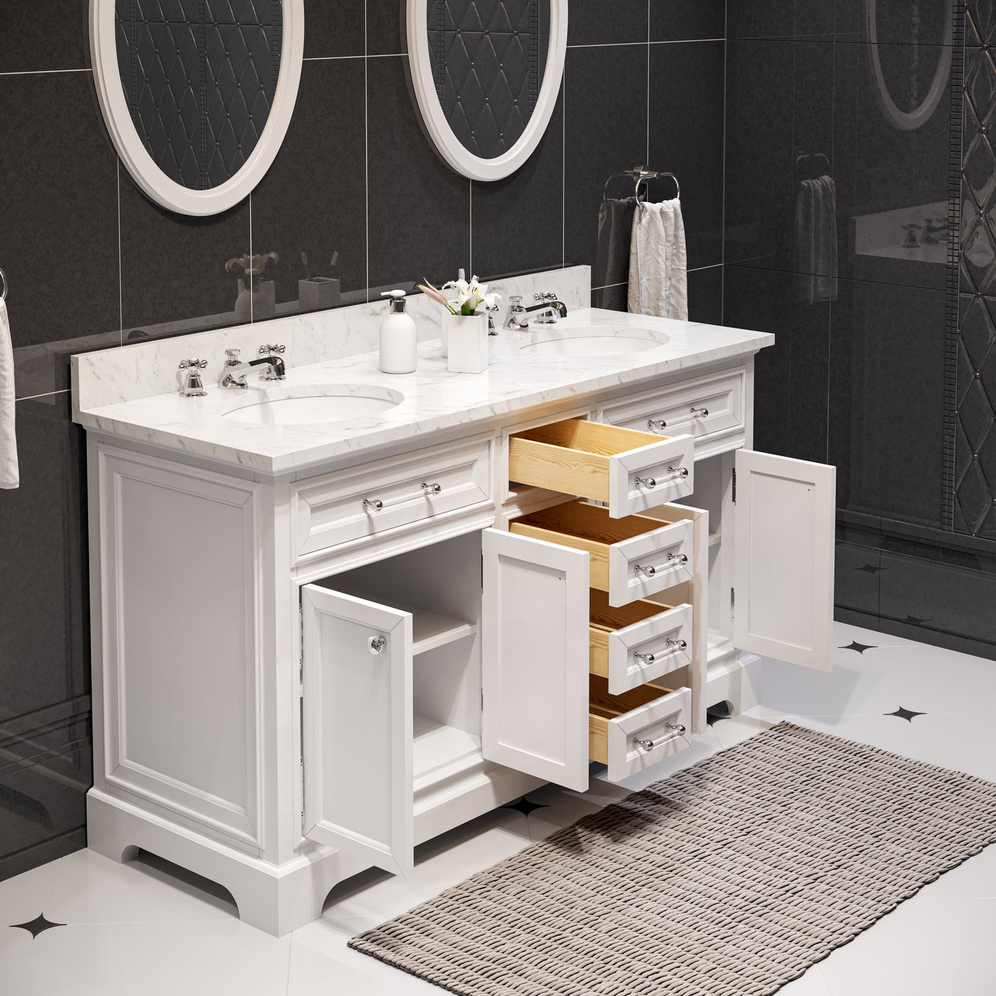 DERBY 60"W x 34"H Pure White Double-Sink Vanity with Carrara White Marble Countertop + Mirrors