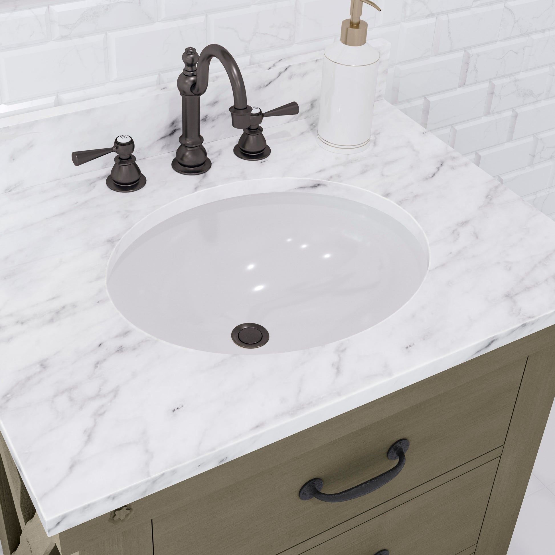 ABERDEEN 30"W x 34"H Grizzle Gray Single-Sink Vanity with Carrara White Marble Countertop + Hook Faucet and Mirror