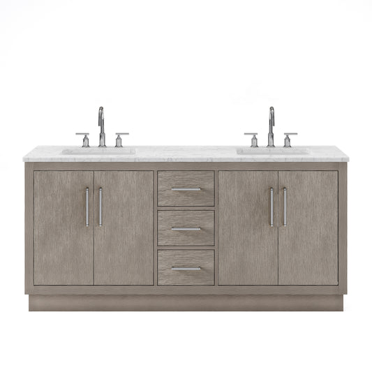 HUGO 72"W x 34.3"H Gray Oak Double-Sink Vanity with Carrara White Marble Countertop + Gooseneck Faucets