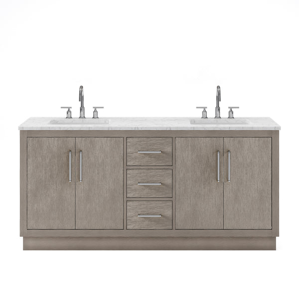 HUGO 72W x 34.3H Gray Oak Double-Sink Vanity with Carrara White Marble Countertop + Gooseneck Faucets