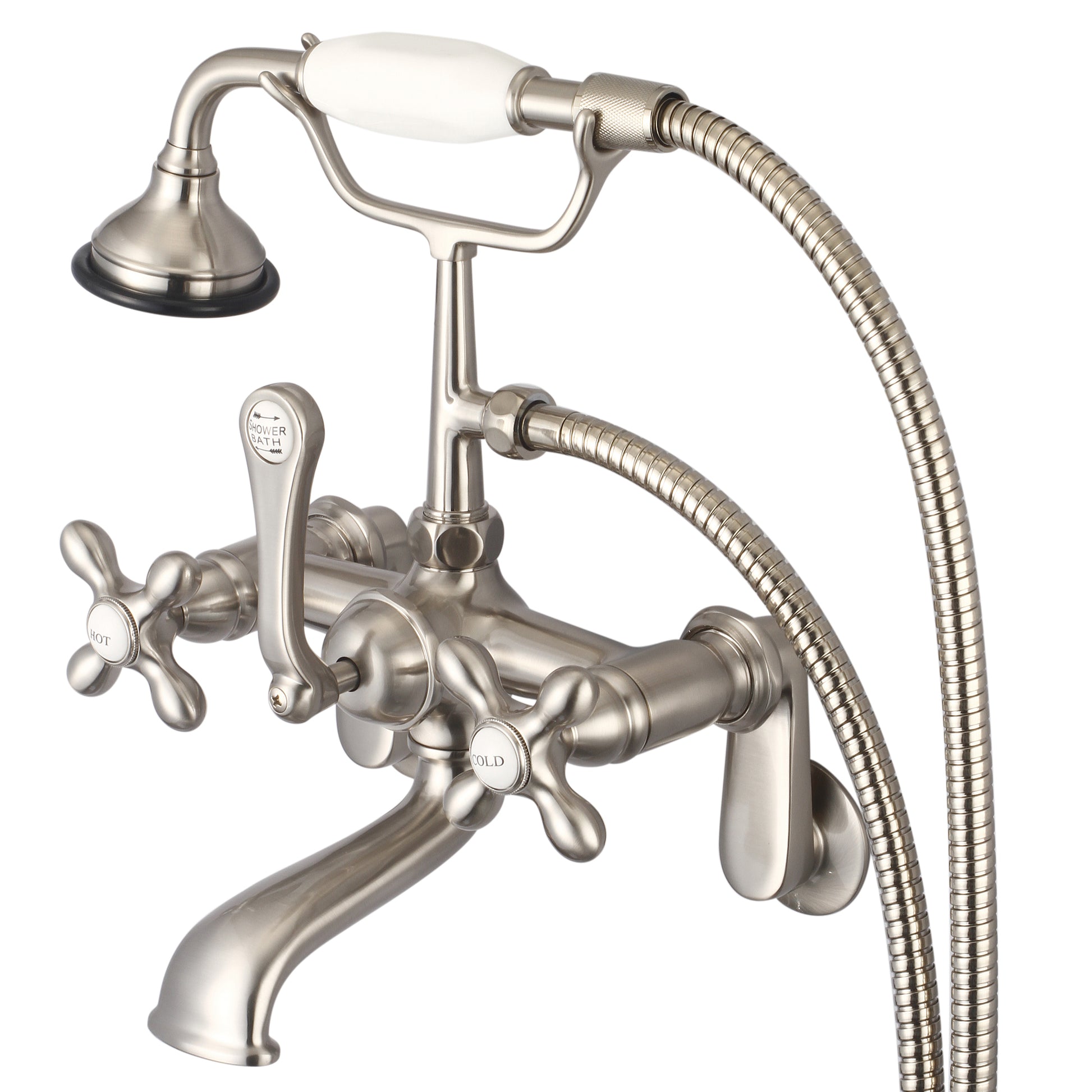 Vintage Classic Adjustable Center Wall Mount Tub Faucet With Swivel Wall Connector & Handheld Shower in Brushed Nickel Finish, With Metal Lever Handles, Hot And Cold Labels Included