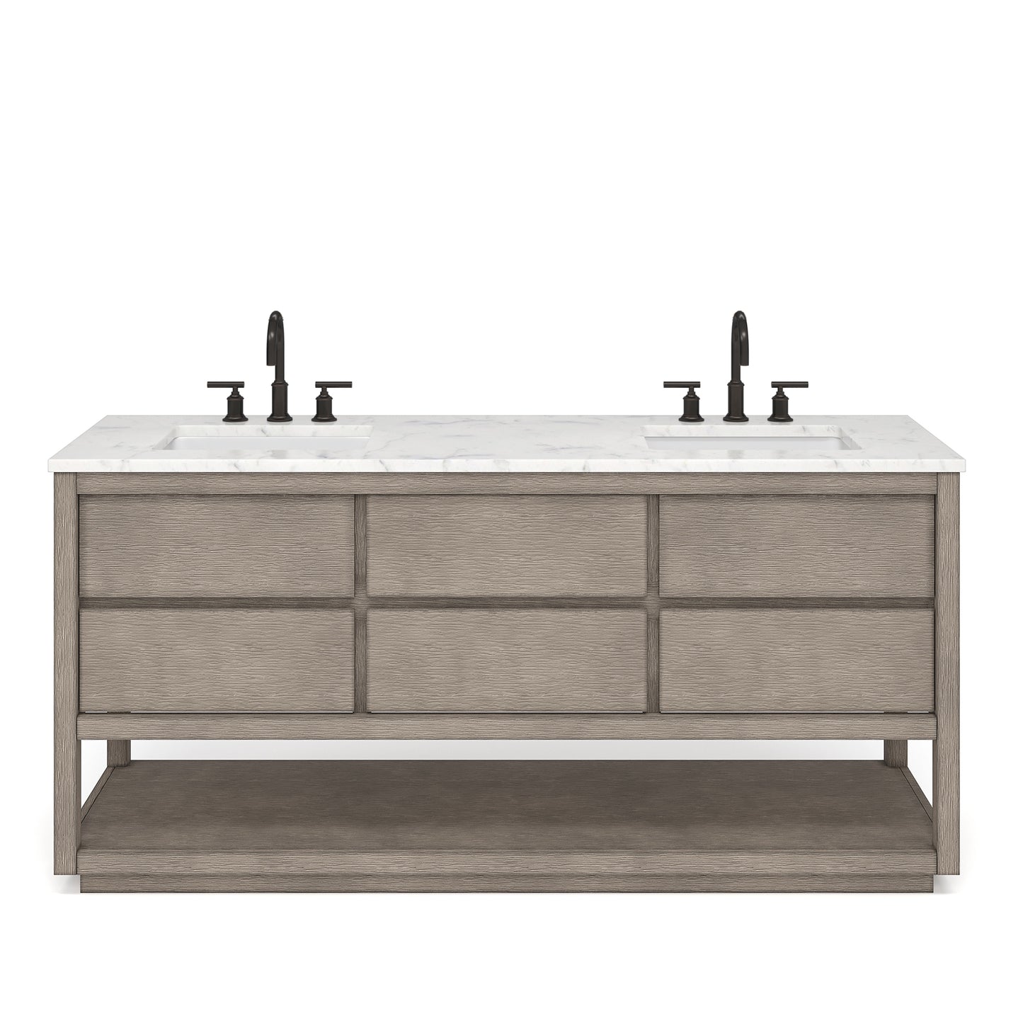 OAKMAN 72"W x 34.3"H Gray Oak Double-Sink Vanity with Carrara White Marble Countertop + ORB Faucets