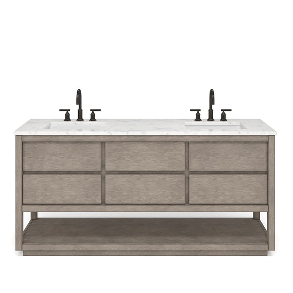 OAKMAN 72W x 34.3H Gray Oak Double-Sink Vanity with Carrara White Marble Countertop + ORB Faucets