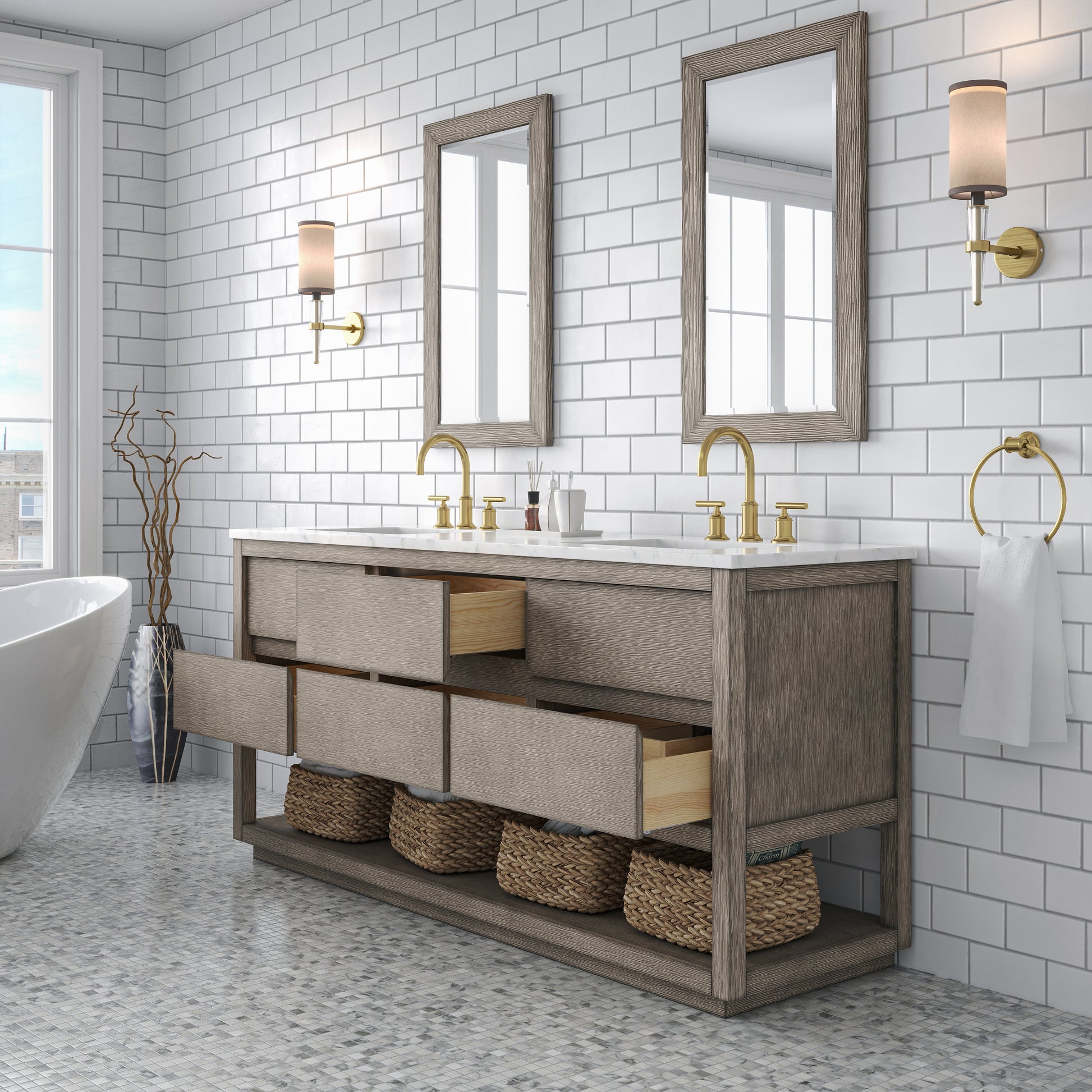 OAKMAN 72"W x 34.3"H Gray Oak Double-Sink Vanity with Carrara White Marble Countertop + Gold Faucets