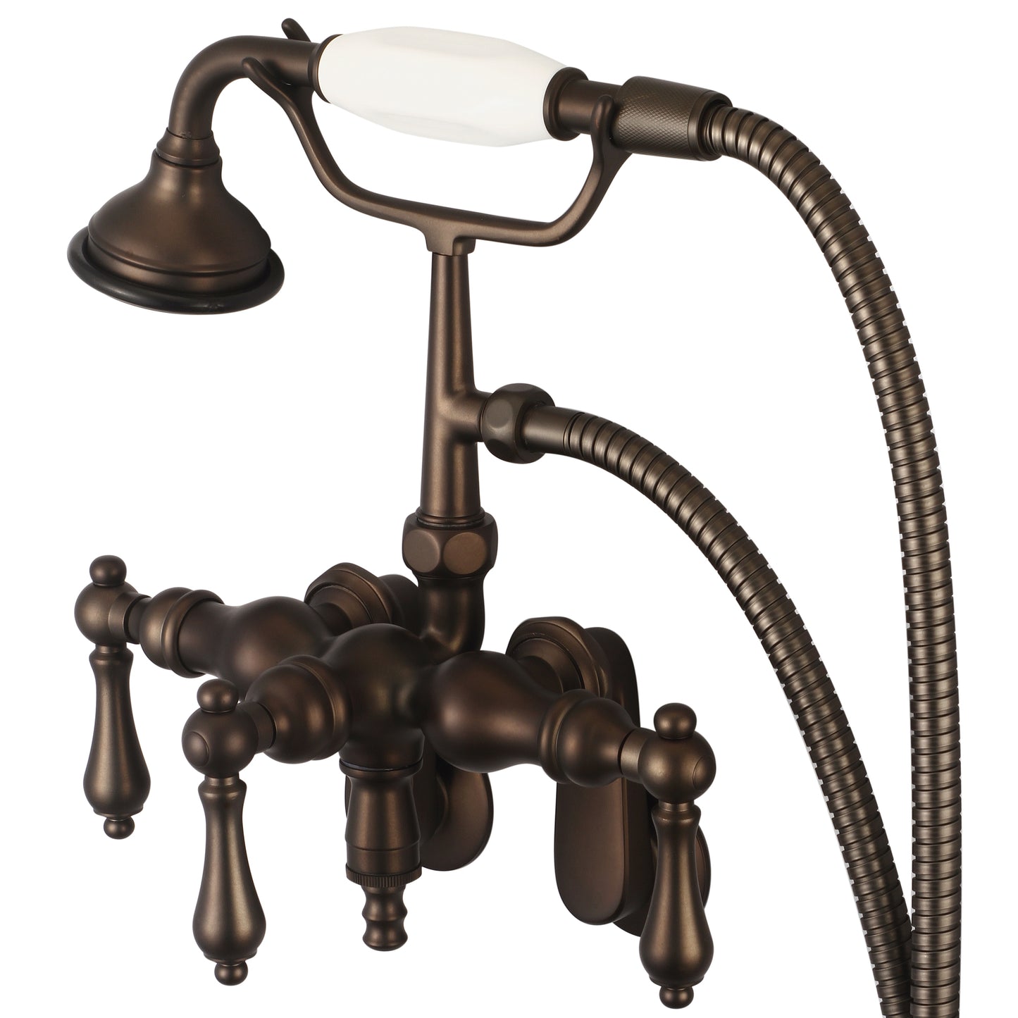 Vintage Classic Adjustable Center Wall Mount Tub Faucet With Down Spout, Swivel Wall Connector & Handheld Shower in Oil Rubbed Bronze Finish, With Metal Lever Handles Without Labels