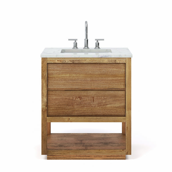 OAKMAN 30W x 34.3H Mango Wood Single-Sink Vanity with Carrara White Marble Countertop + Chrome Faucet