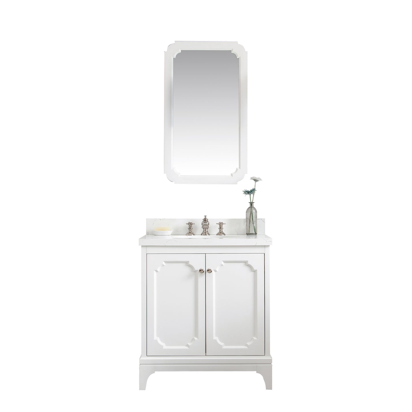 QUEEN 30"W x 34"H Pure White Single-Sink Vanity with Carrara Quartz Countertop + Faucets & Mirror (F2-0013)