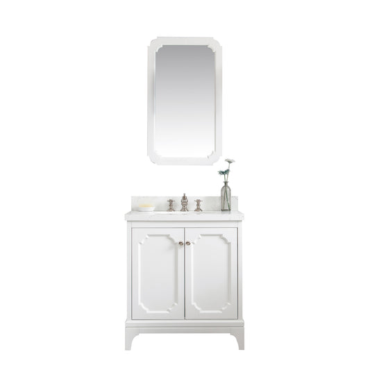 QUEEN 30"W x 34"H Pure White Single-Sink Vanity with Carrara Quartz Countertop + Faucets & Mirror (F2-0013)