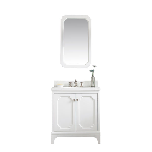 QUEEN 30W x 34H Pure White Single-Sink Vanity with Carrara Quartz Countertop + Faucets & Mirror (F2-0013)