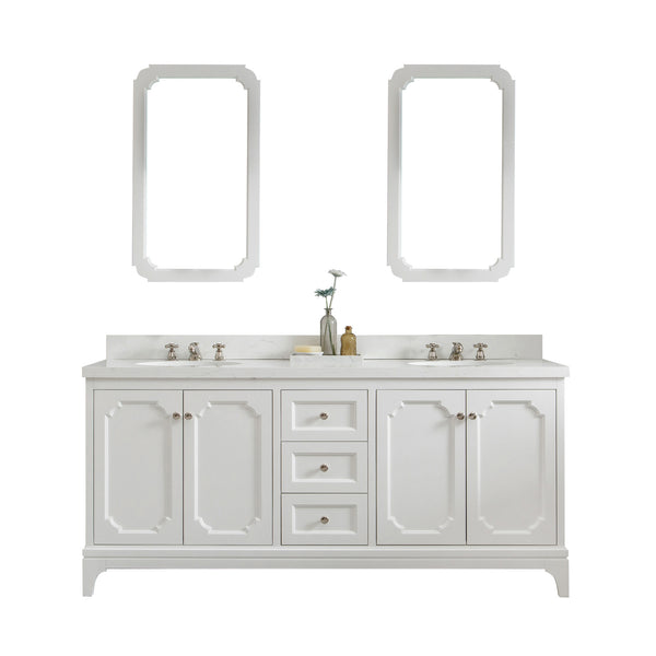 QUEEN 72W x 34H Pure White Double-Sink Vanity with Carrara Quartz Countertop + Mirror