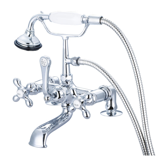 Vintage Classic 7" Spread Deck Mount Tub Faucet With 2" Risers & Handheld Shower in Chrome Finish, With Metal Lever Handles, Hot And Cold Labels Included