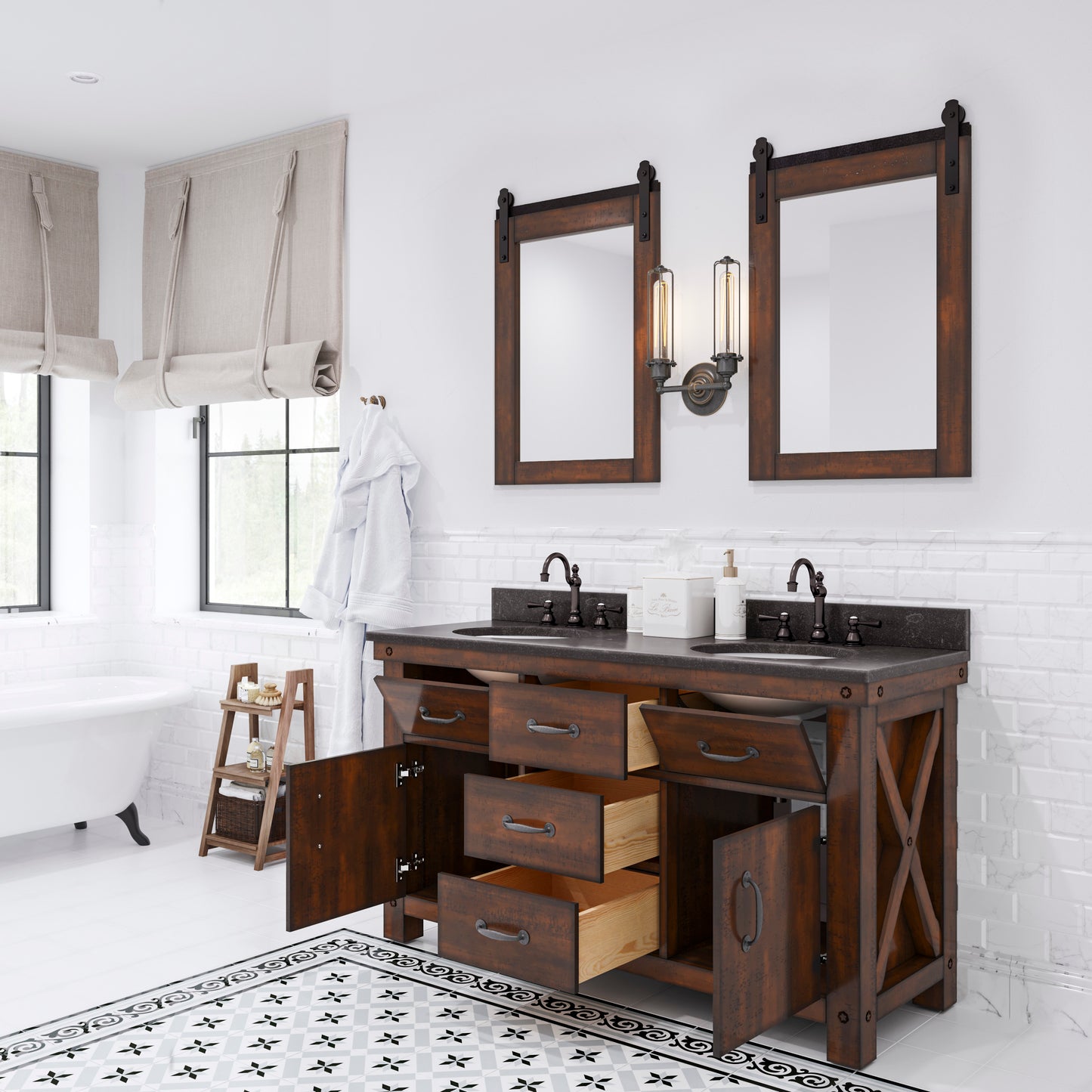 ABERDEEN 60"W x 34"H Sierra Rustic Double-Sink Vanity with Carrara White Marble Countertop + Mirrors