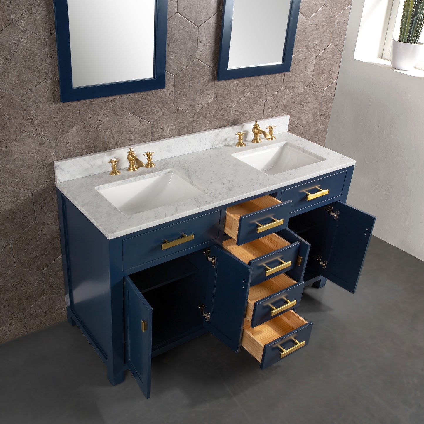 MADISON 60"W x 34"H Monarch Blue Double-Sink Vanity with Carrara White Marble Countertop + Faucets (F2-0013-06-FX)