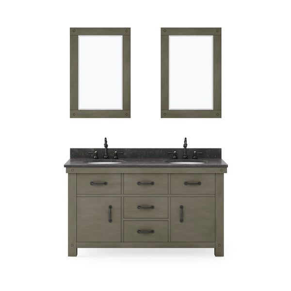 ABERDEEN 60W x 34H Grizzle Grey Double-Sink Vanity with Blue Limestone Countertop + Mirrors