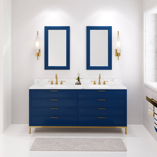 BRISTOL 72"W x 34"H Monarch Blue Double-Sink Vanity with Carrara White Marble Countertop + Satin Gold Hook Faucets