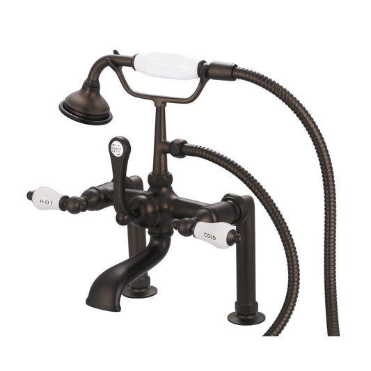 Vintage Classic 7" Spread Deck Mount Tub Faucet With 6" Risers & Handheld Shower in Oil Rubbed Bronze Finish, With Porcelain Lever Handles, Hot And Cold Labels Included