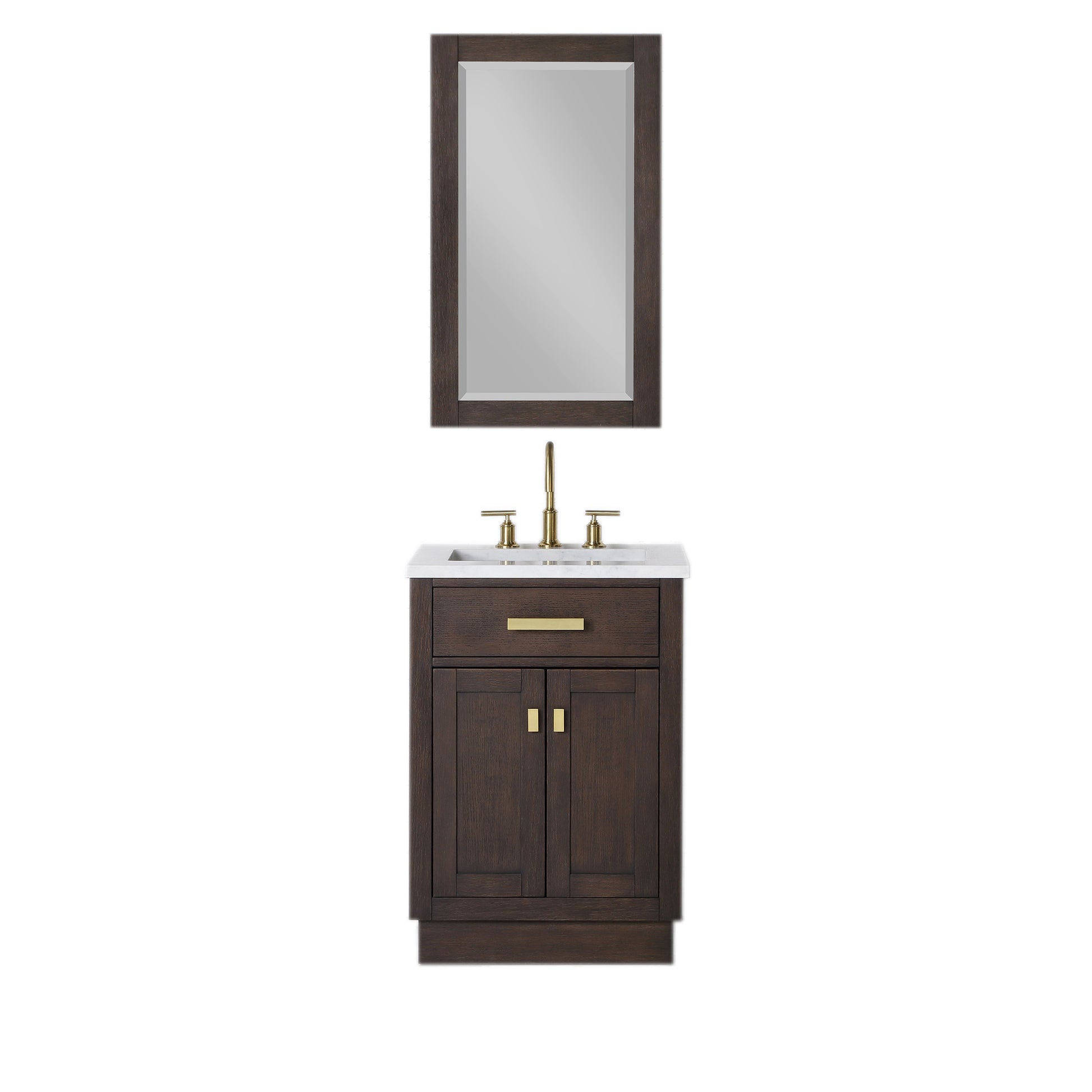 CHESTNUT 24"W x 34.2"H Brown Oak Single-Sink Vanity with Carrara White Marble Countertop + Faucet & Mirror