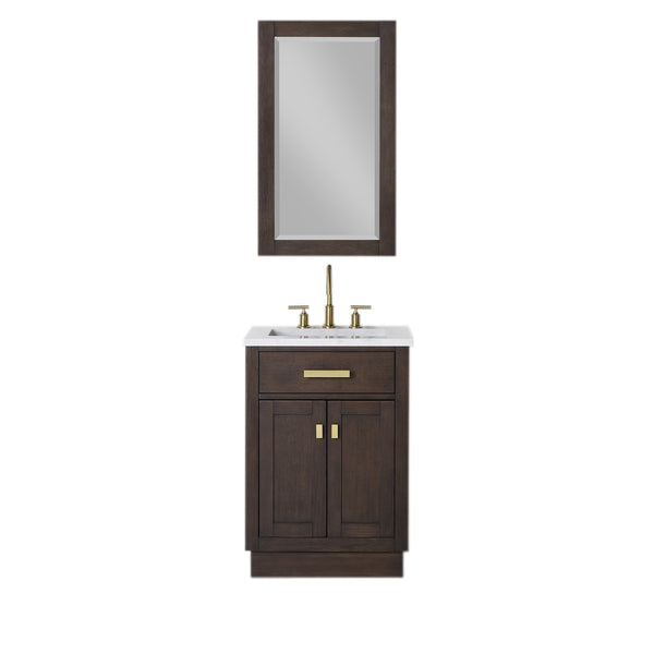 CHESTNUT 24W x 34.2H Brown Oak Single-Sink Vanity with Carrara White Marble Countertop + Faucet & Mirror