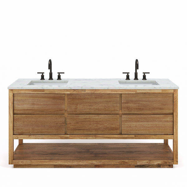 OAKMAN 72W x 34.3H Mango Wood Double-Sink Vanity with Carrara White Marble Countertop + Oil-Rubbed Bronze Faucet