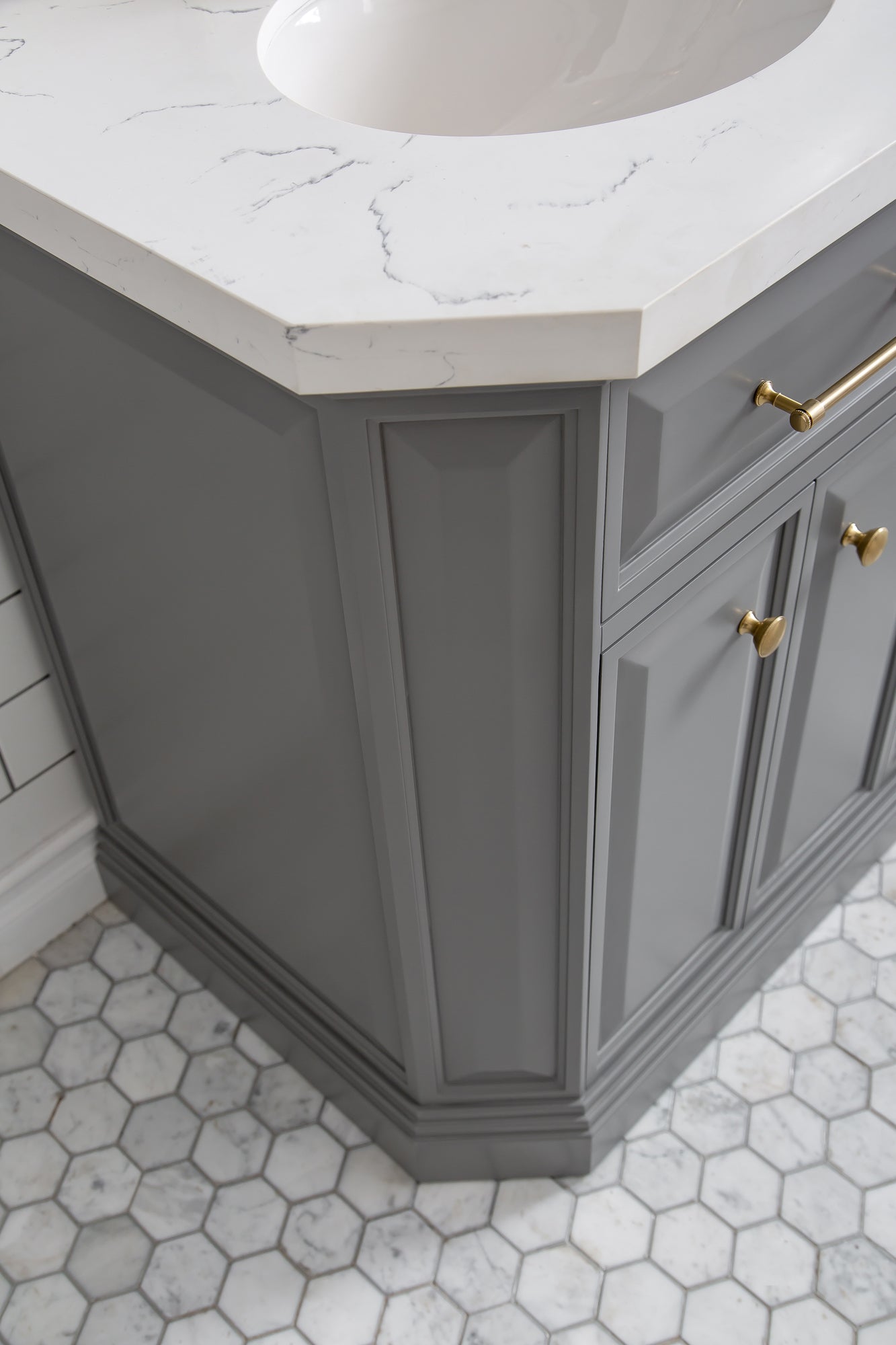 PALACE 60"W x 34"H Cashmere Gray Vanity with Carrara Quartz Countertop + Mirrors, Satin Gold Finish Hardware & Chrome Finish Mirror (A)