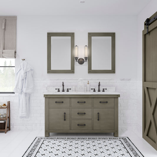 ABERDEEN 60"W x 34"H Grizzle Grey Double-Sink Vanity with Carrara White Marble Countertop + Faucets & Mirrors