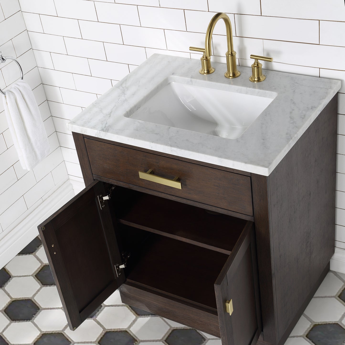 CHESTNUT 30"W x 34.2"H Brown Oak Single-Sink Vanity with Carrara White Marble Countertop + Faucet