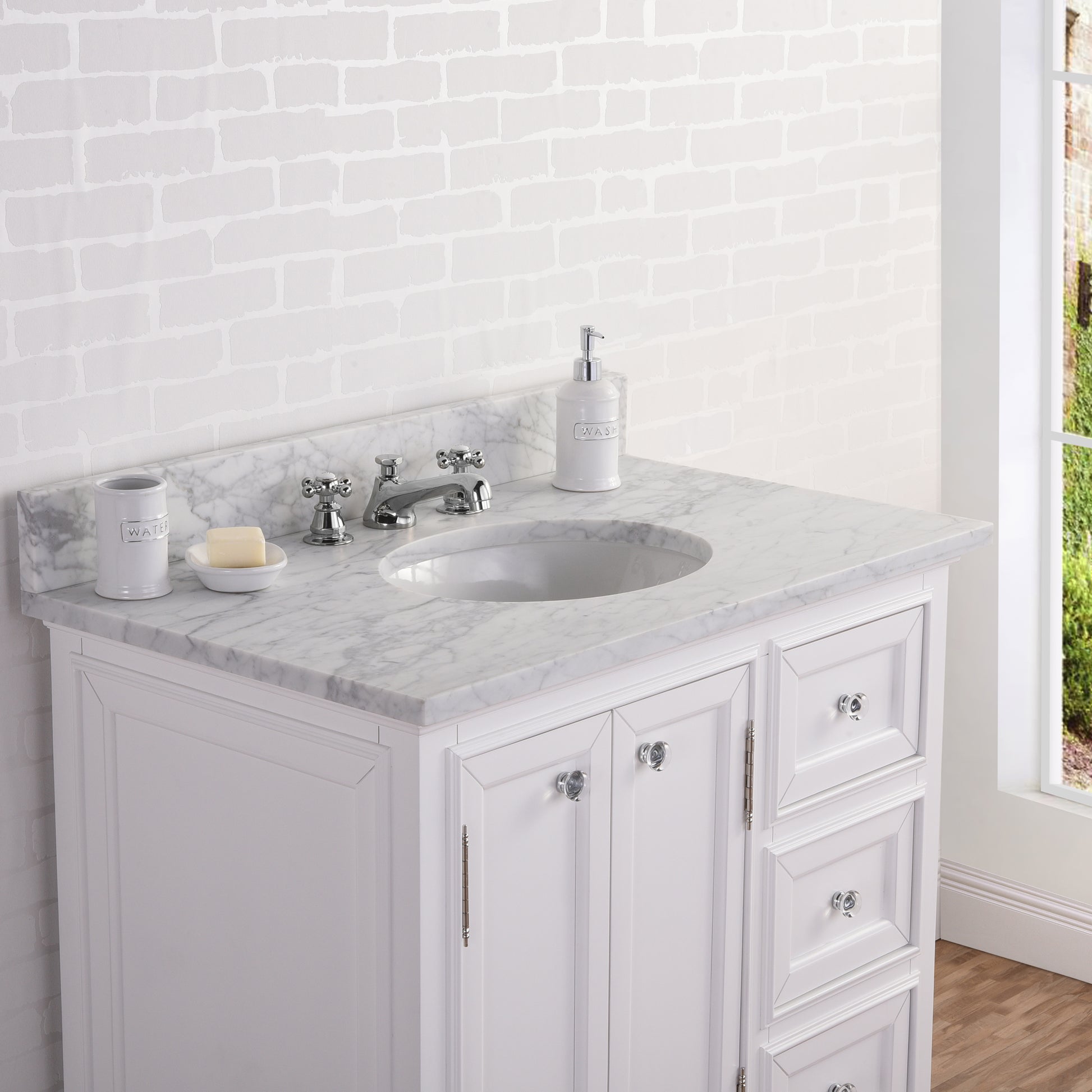 DERBY 36"W x 34"H Pure White Single-Sink Vanity with Carrara White Marble Countertop + Faucet & Mirror