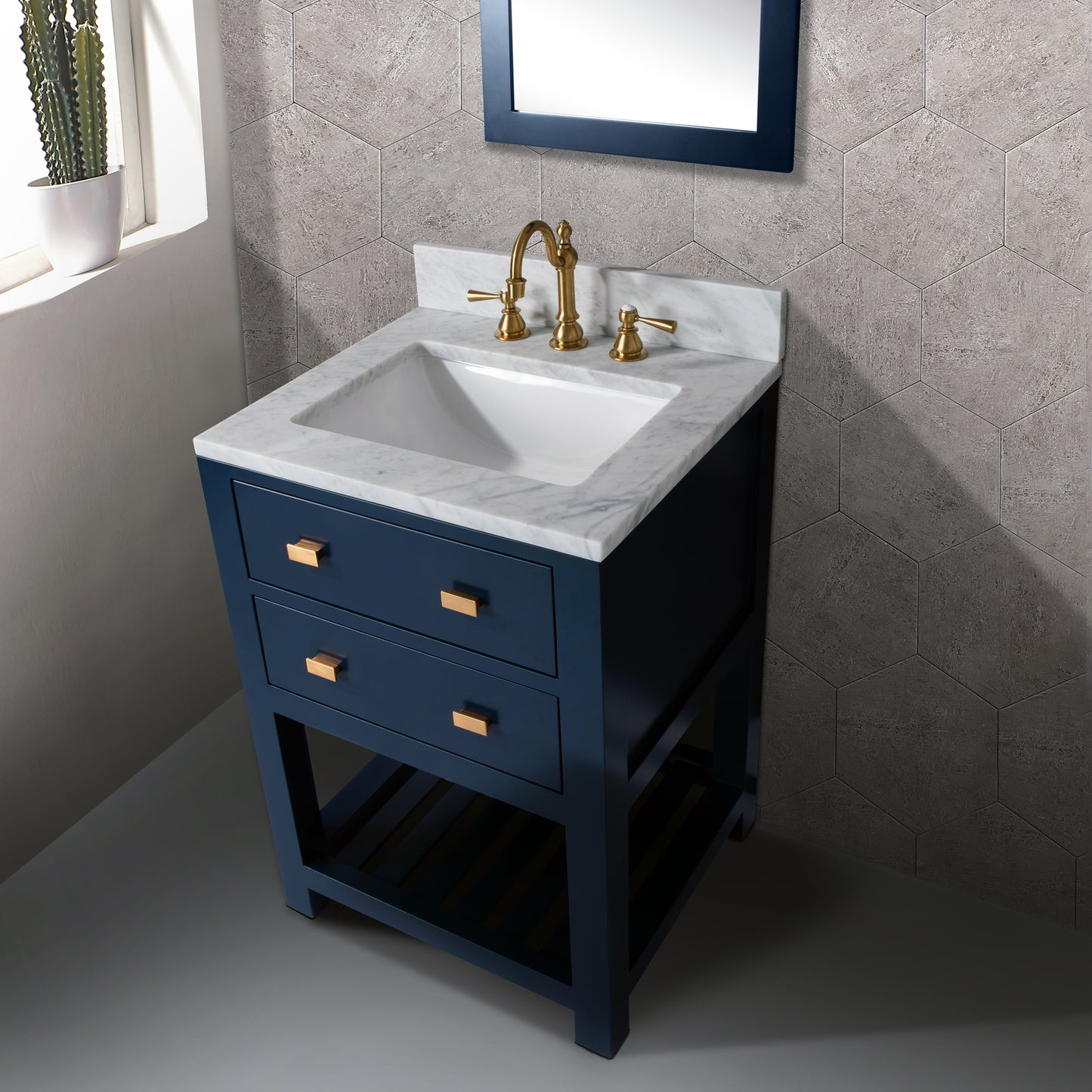 MADALYN 24"W x 34"H Monarch Blue Single-Sink Vanity with Carrara White Marble Countertop + Faucets & Mirror (F2-0012)