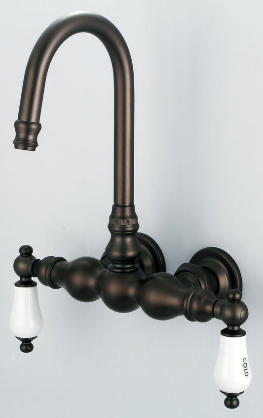 Vintage Classic 3.375" Center Wall Mount Tub Faucet With Gooseneck Spout & Straight Wall Connector in Oil Rubbed Bronze Finish, With Porcelain Lever Handles, Hot And Cold Labels Included