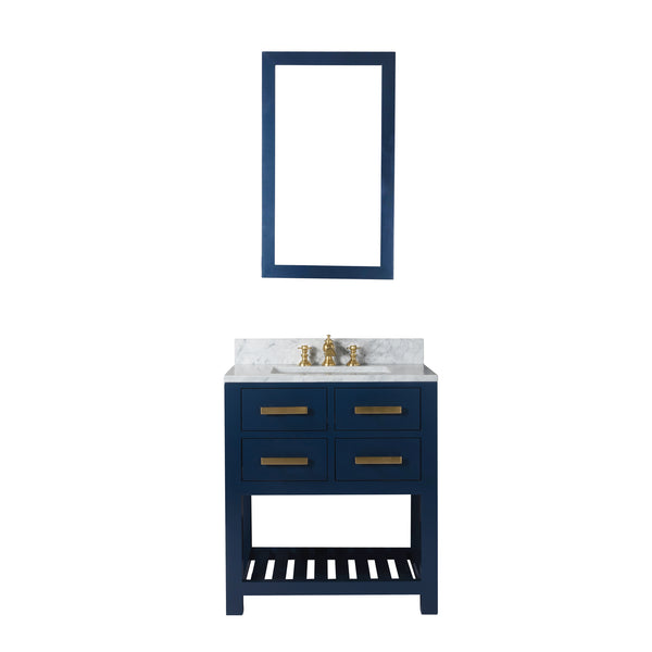 MADALYN 30W x 34H Monarch Blue Single-Sink Vanity with Carrara White Marble Countertop + Faucets & Mirror (F2-0013)